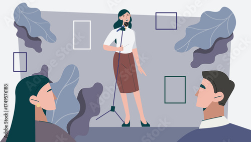 Woman standing on stage holding a microphone, talking to two people in the audience, flat graphic style, indoor background. Concept of public speaking. Vector illustration