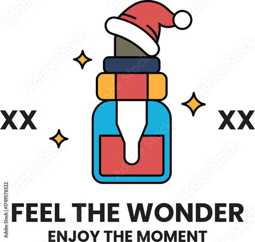 A bottle of something with a red and blue label and a santa hat on it