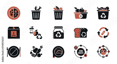 Collection of black and red icons representing food waste, recycling, composting, and sustainable practices.