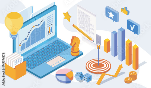 Laptop with charts, graphs, and business symbols like chess knight, target, and pie chart on abstract background. Concept of data strategy and success. Vector illustration