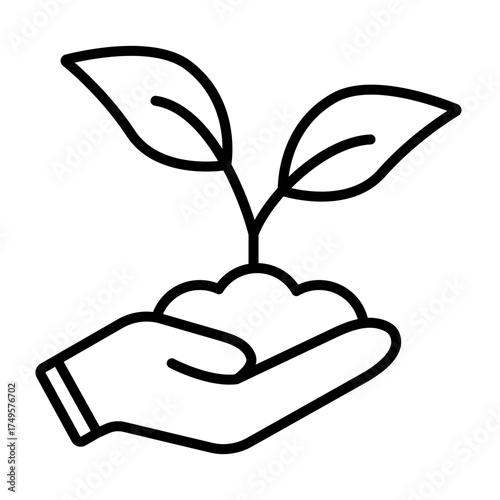 A simple line drawing of a hand nurturing a young plant sprout, symbolizing growth, sustainability, and environmental care