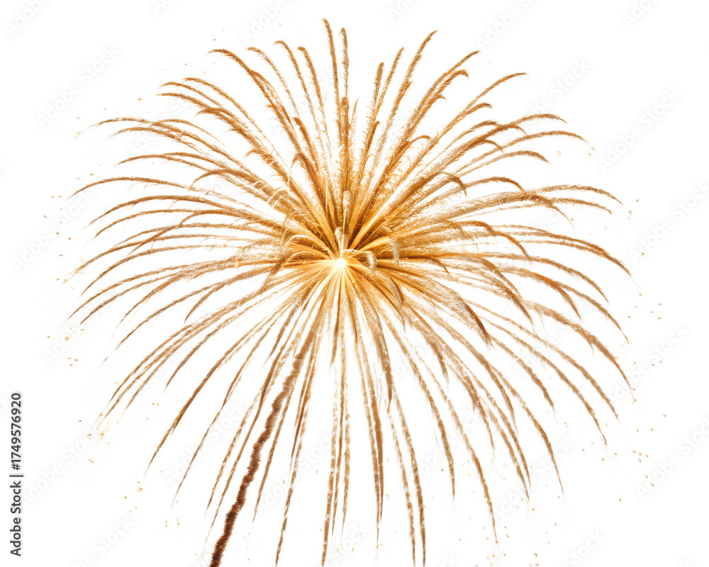 Obraz premium A single golden firework exploding in a starburst pattern, isolated on transparent background