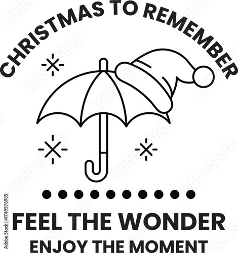 A black and white image of a Christmas umbrella with a Santa hat on top