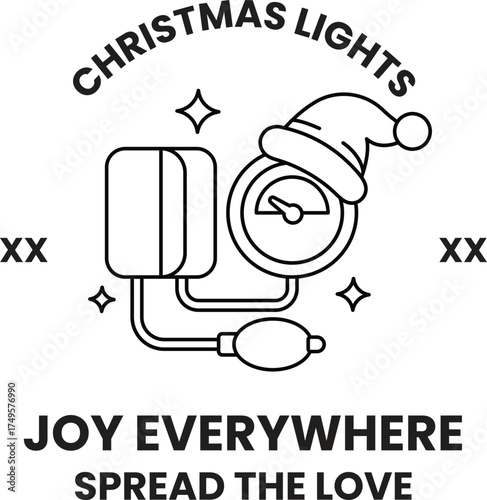 A black and white Christmas lights sign with a man in a hat and a heart