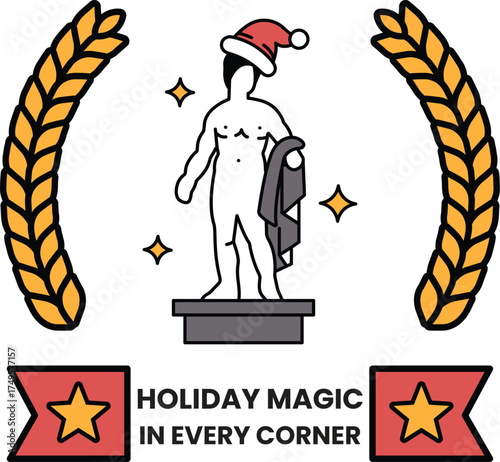 A man in a Santa hat holding a scarf is on a pedestal