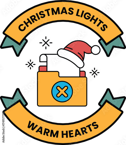 A Christmas light banner with a red hat and a white paper
