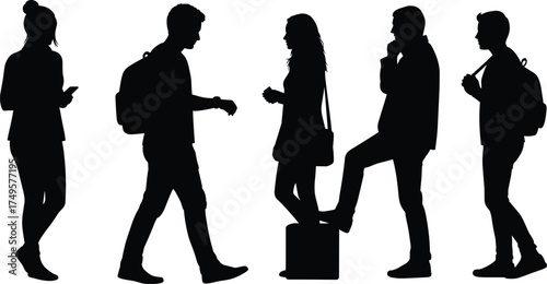 Silhouettes of young people standing and walking with backpacks and luggage, modern students or travelers waiting, communication and lifestyle concept illustration
