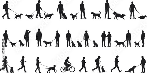 Silhouettes of people walking dogs, running, cycling, pet owners with animals, outdoor activity, dog lovers lifestyle, fitness and companionship vector illustration set