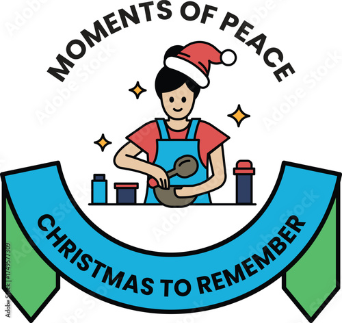 A woman is cooking in a kitchen with a Christmas banner behind her