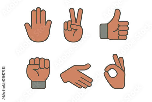 Set of six different hand gestures icons for communication and agreement