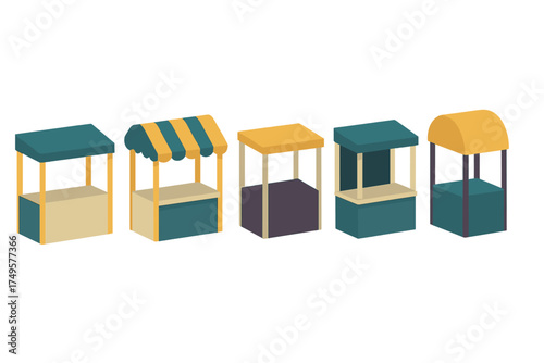 Isometric set of five colorful market stalls and kiosks icons