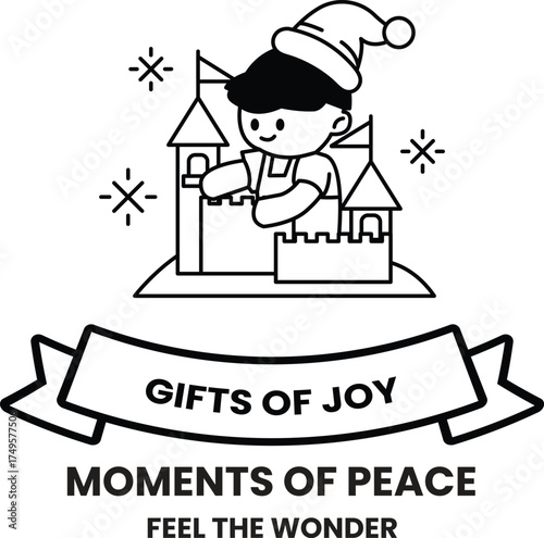 A black and white image of a boy wearing a Santa hat and apron