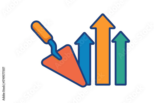 Trowel tool with rising bar chart arrows for construction growth concept