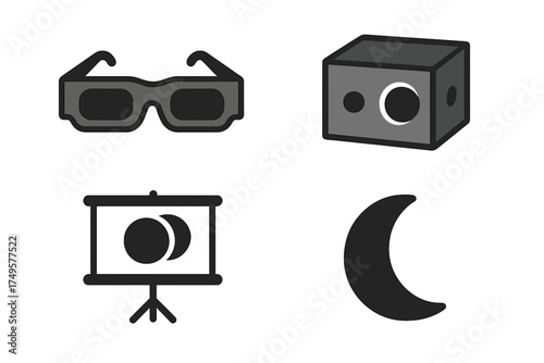 Four dark gray icons for cinema projection and celestial observation concepts