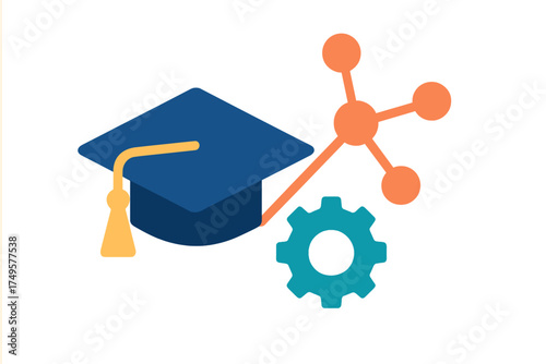 Graduation cap with network and gear icons representing education technology