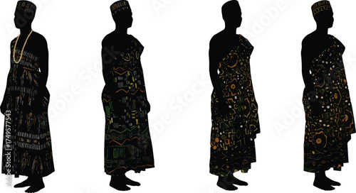Traditional African men wearing colorful kente cloth garments, side view cultural fashion display, showcasing ethnic heritage, tribal patterns, ceremonial attire, African identity