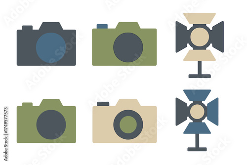 Stylized assortment of cameras and studio light icons in muted color palette