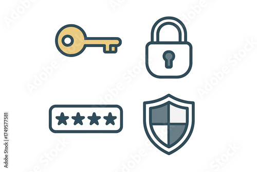 Security and access icons featuring key, padlock, password entry, and shield