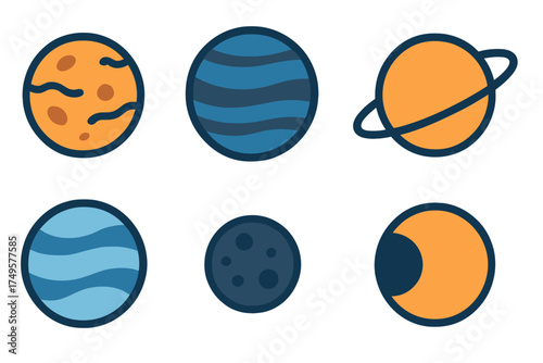 Six stylized celestial body icons featuring prominent thick outlines