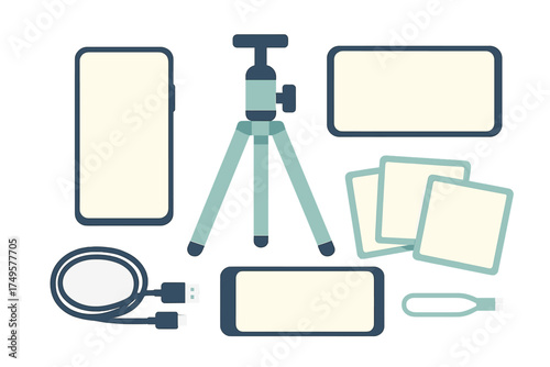 Flat lay of mobile content creation gear with smartphone and small tripod