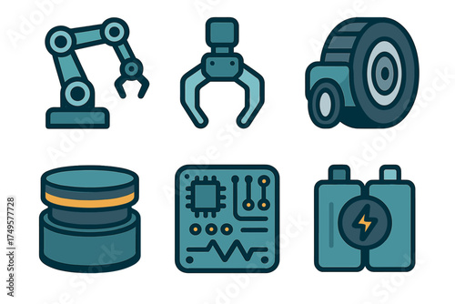 Industrial automation technology icons with robotic arm and circuit board elements