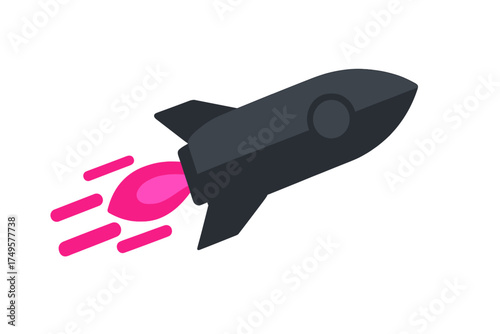 Dark gray rocket ship blasting off with bright pink exhaust