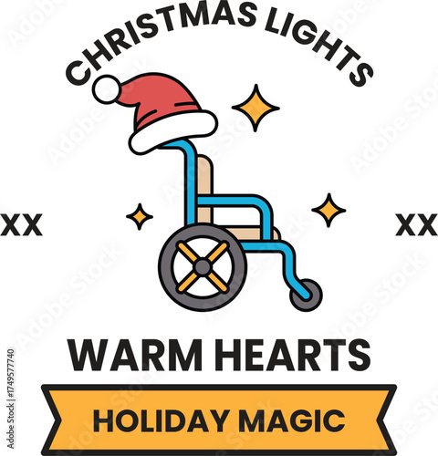 A Christmas light sign with a wheelchair and a red hat on it
