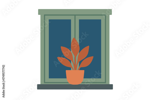 Stylized houseplant in terracotta pot against bright window background