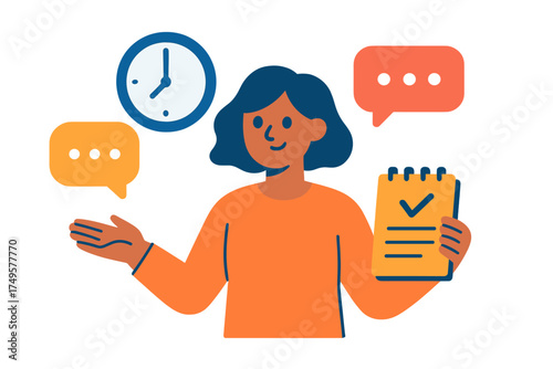 Smiling woman successfully manages tasks and communication using a checklist
