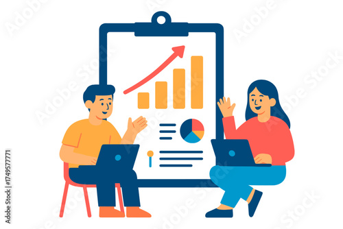 Business professionals examining upward trending growth chart and data presentation