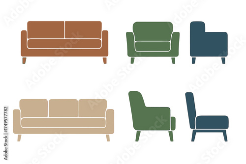 Modern sofa and armchair icons in various colors for interior design