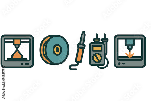 Set of 3D printing and electronics repair tool symbols