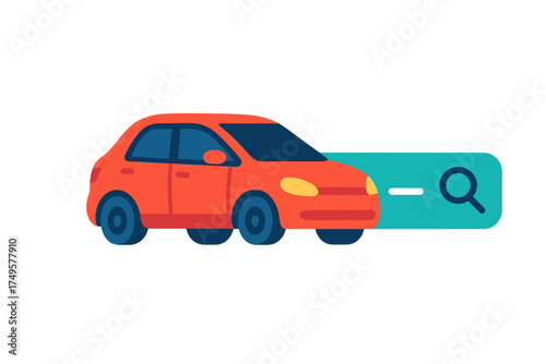 Bright orange automobile positioned beside a digital search bar icon