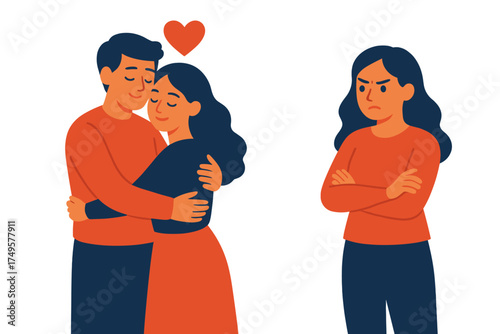 Couple embracing while third person observes with envy