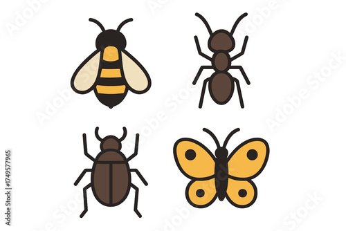 Set of four stylized insect icons including bee ant beetle and butterfly
