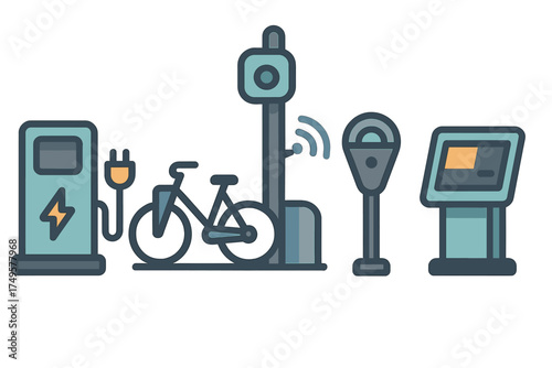 Electric bicycle charging station and smart city payment kiosks icons