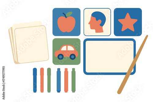 Set of colorful educational flashcards and teaching tools for early learning concepts