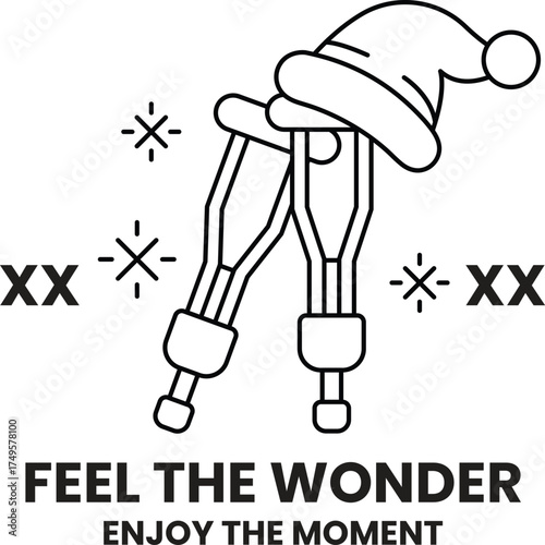 A black and white image of a pair of crutches with a hat on top of them