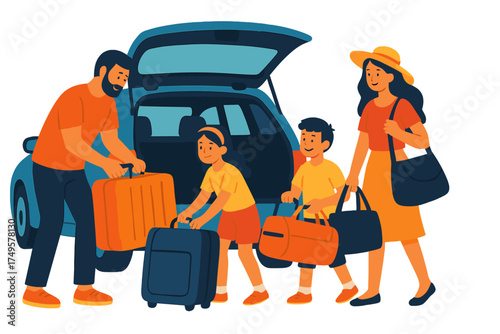 Family loading luggage into open car trunk for summer vacation