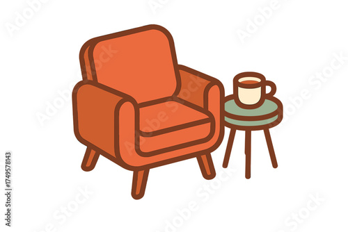 Comfortable orange armchair with small table and hot beverage
