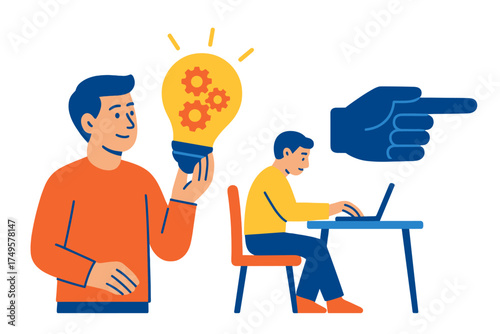 Man with glowing lightbulb receiving direction while working on laptop
