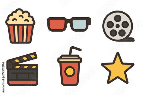 Set of movie and cinema entertainment icons including popcorn and film reel