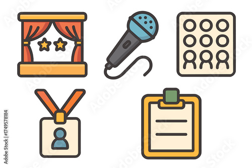Stage and microphone icons for performance and event management