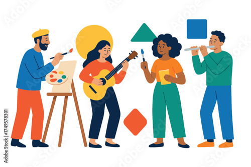 Diverse group of people engaging in various creative arts and hobbies