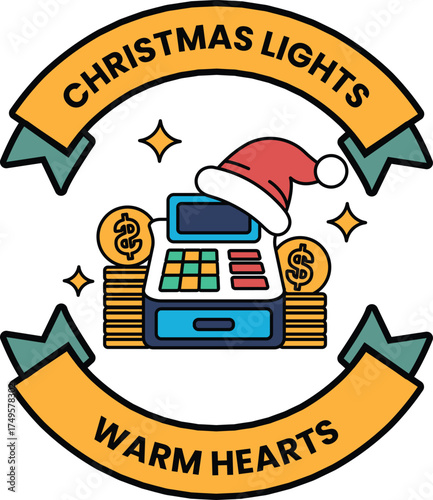 A Christmas lights sign with a calculator and a pile of coins