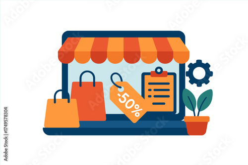 Digital storefront interface with shopping bags and percentage discount tag