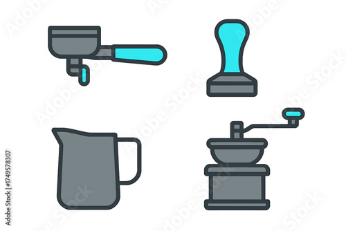 Espresso machine portafilter tamper milk pitcher and coffee grinder icons