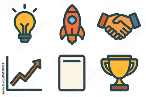Set of business concept icons featuring rocket handshake chart trophy and document