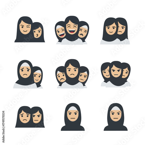 Diverse group of women expressing various emotions in a vector illustration.