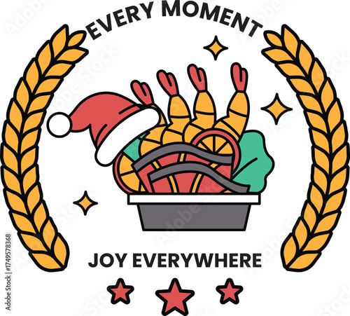 A picture of a Christmas hat with a basket of food